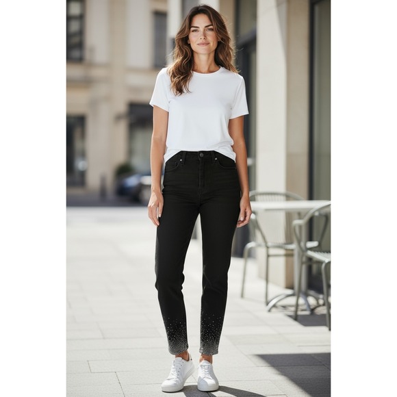 Jen7 High Waist Skinny Jeans Black Rhinestone Embellished Size 0 NWT‎ - Picture 2 of 13